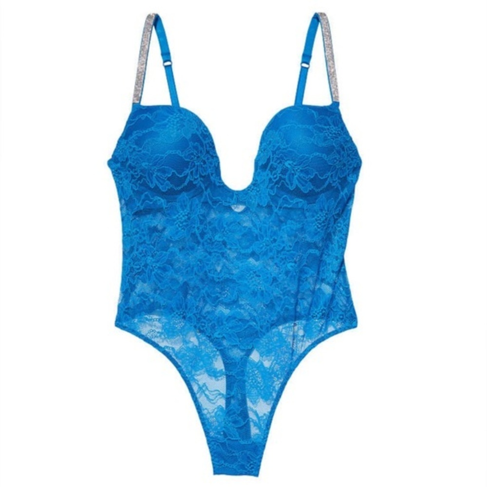 •NWT Victorias Secret Bright Blue Lace Shine Strap Lace Teddy | Size Medium